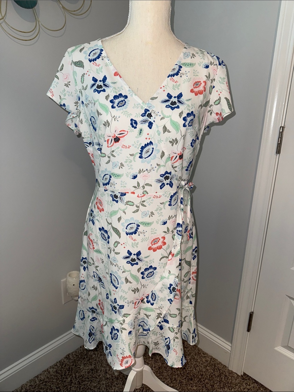 LOFT White Floral Wrap Dress with Blue, Coral & Green Print